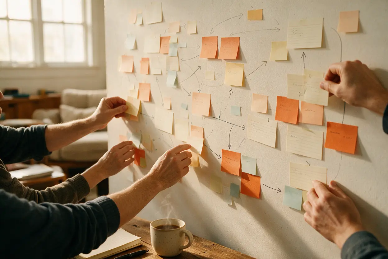 Team arranging story ideas on a wall
