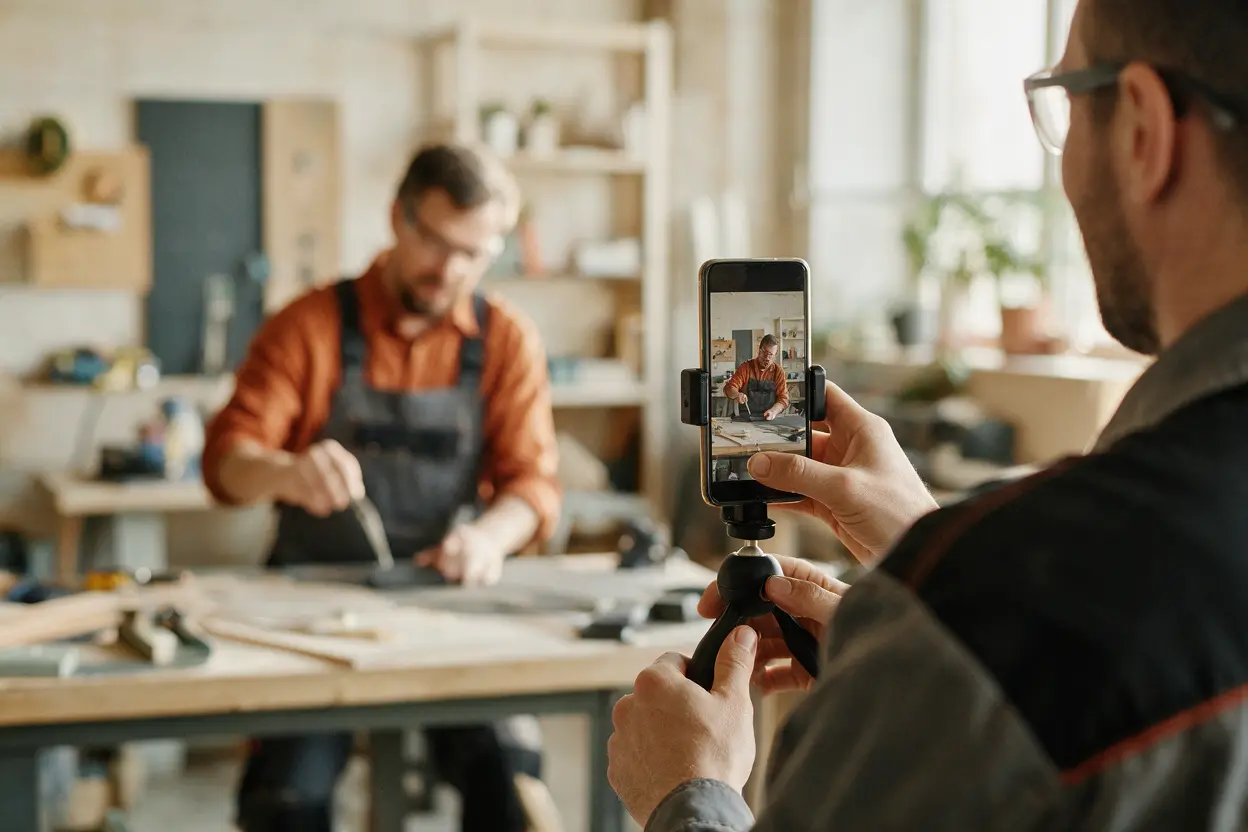 Employee filming a short video of a colleague at work